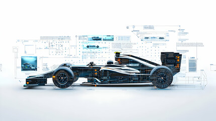 Black And Orange Formula One Race Car With Data Analysis Overlay On White Studio Background With Motion Blur Effect