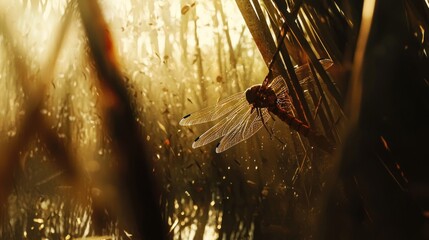 Dragonfly resting on reeds in golden sunlight.
