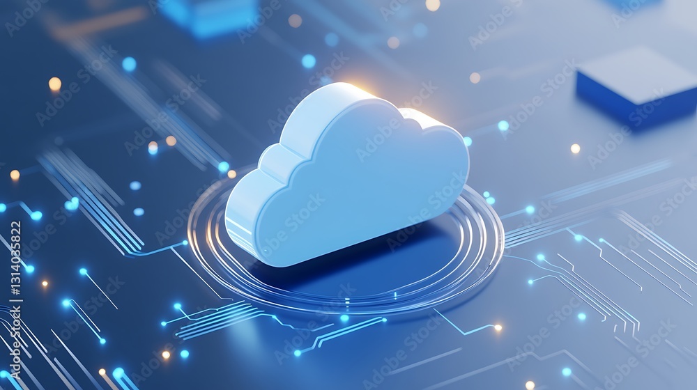 Poster digital cloud symbol surrounded by data circuits and glowing lights on a technology background