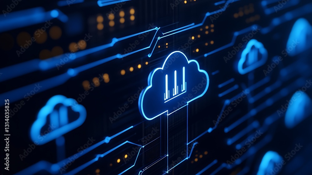 Poster digital cloud technology concept for modern data storage and analytics visualization on futuristic b