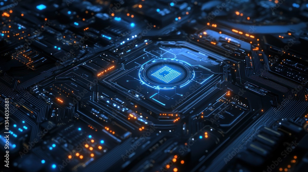 Poster illuminated computer circuit board showing detailed electronic components closely