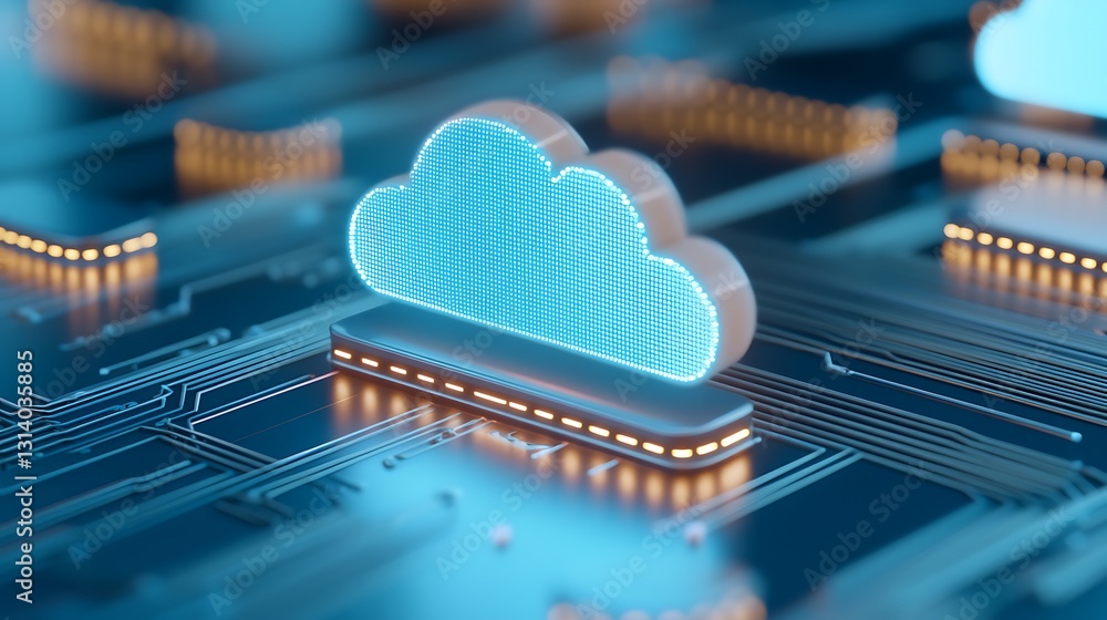 Poster digital cloud technology concept on circuit board with glowing elements and blue background for mode