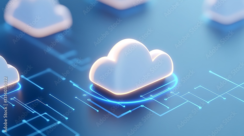 Poster digital cloud technology concept with abstract light features and data connections in modern backgro