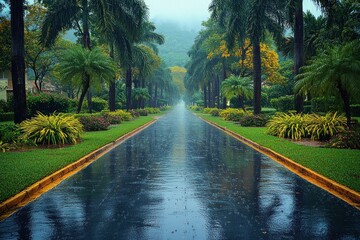 Obraz premium Rainy Day Driveway Palm trees line damp road with greenery and distant mountains