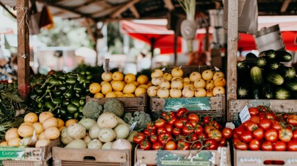 Rustic market stall brimming with fresh green produce, capturing the spirit of sustainable local farming.
