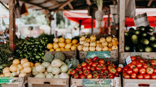 Rustic market stall brimming with fresh green produce, capturing the spirit of sustainable local farming.