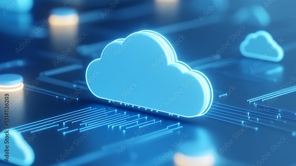 Poster digital cloud technology concept with blue illuminated cloud icons and data lines on a dark backgrou