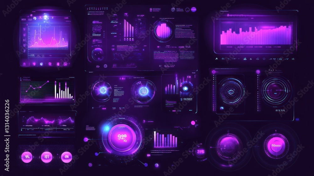 Poster a futuristic purple illuminated dashboard displaying data information