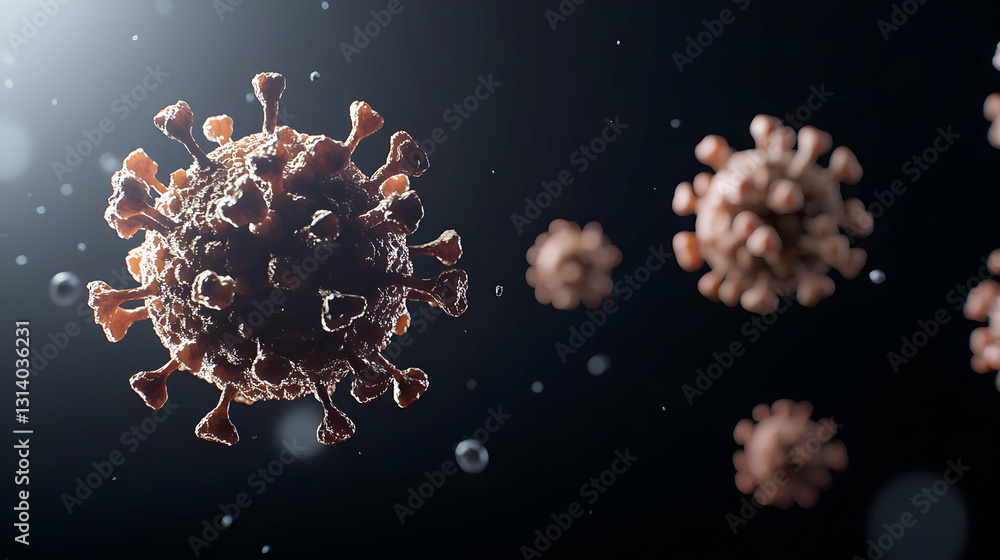 Poster 3d render of multiple coronavirus particles with spikes on dark background with backlighting