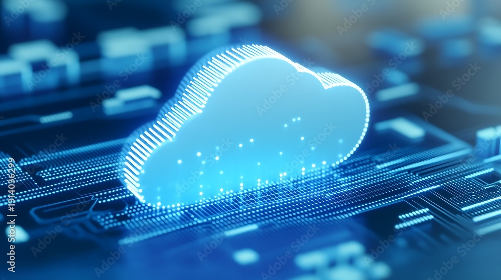Poster digital cloud technology concept with circuit board background, data transfer and storage visualizat