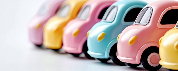 Obraz premium Pastel Car Parade Row of Cute Colorful Vehicles Automotive Variety and Transportation Theme Image
