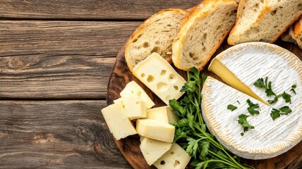 A wooden platter displays an assortment of cheeses, fresh bread, and herbs, creating a delightful arrangement perfect for a gourmet snack or gathering.