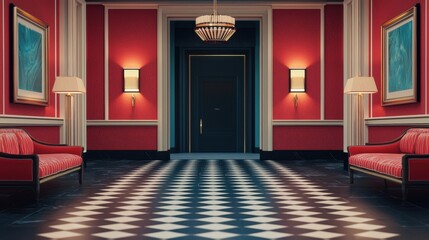 Fototapeta premium Elegant Hotel Corridor with Stylish Decor and Luxurious Ambiance