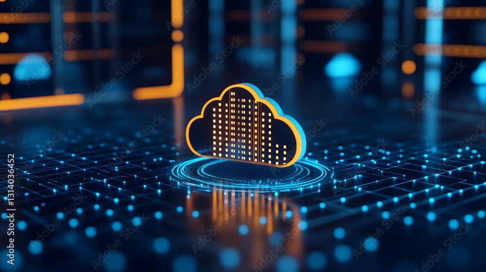 Poster digital cloud technology concept with data symbols and neon lights reflecting on a futuristic backgr