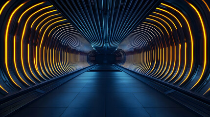 Naklejka premium Futuristic Dark Metallic Tunnel With Glowing Blue And Orange Neon Lights Digital Art 3D Rendering