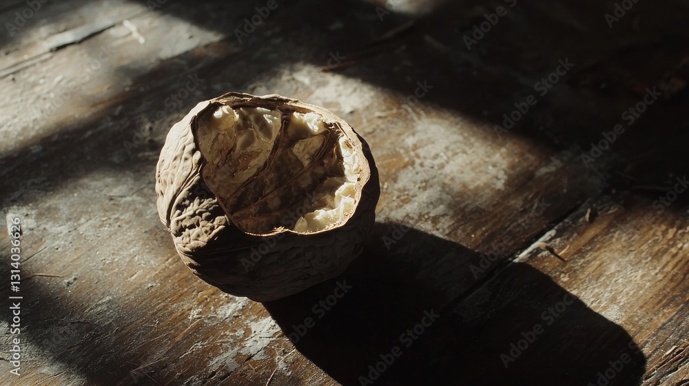 Poster empty walnut shell on rustic wood, sunlit.