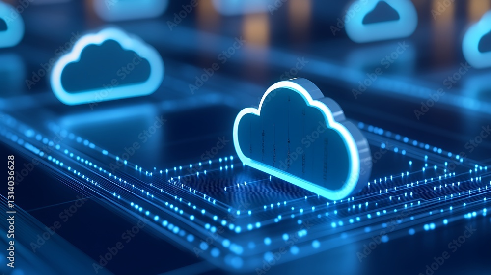 Poster digital cloud technology concept with glowing clouds and data connections in a futuristic environmen