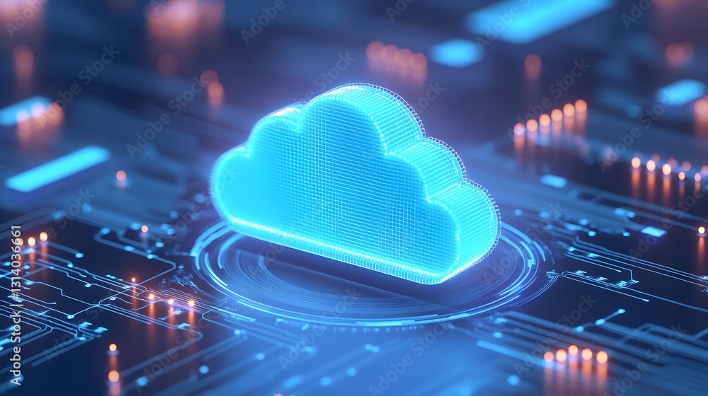 Poster digital cloud technology concept with neon glow and circuit board background for future innovation i
