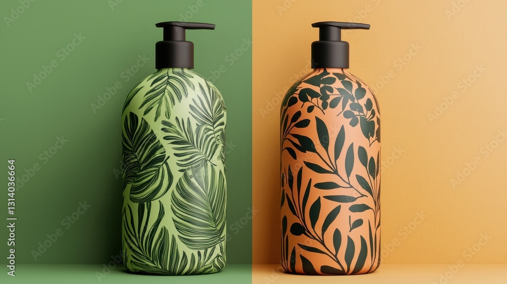 Poster elegant eco-friendly bottles with leaf patterns on colorful background