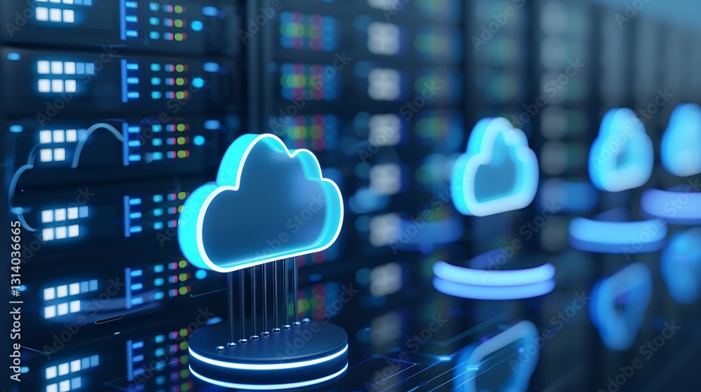 Poster digital cloud technology concept with neon glow over server room in background showing data storage 