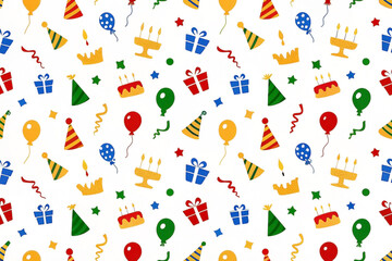 Fototapeta premium Colorful birthday party seamless pattern with balloons, cake, gifts, hats, and confetti.