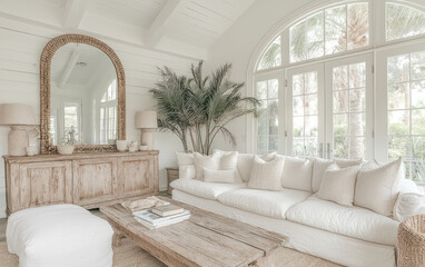 Bright Living Room with White Sofa and Large Arch Window