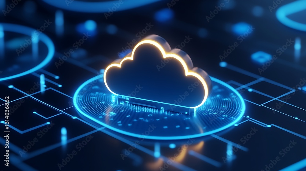 Poster digital cloud technology icon with glowing edges on a futuristic data interface background in blue t