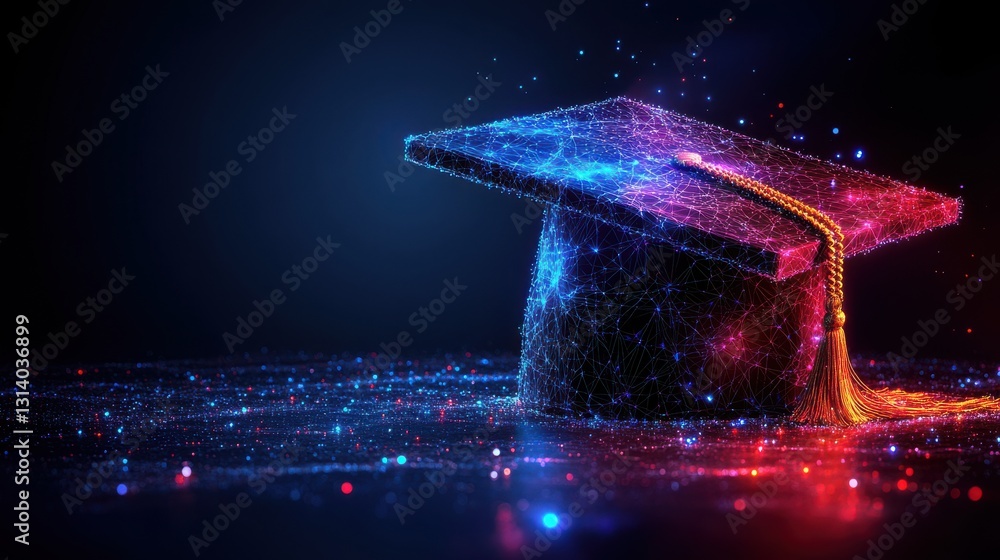 Poster polygonal abstract isolated on dark background low poly wireframe style graduation cap for earth e l