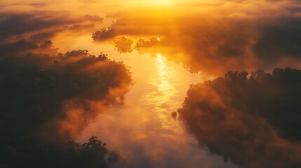 Fototapeta premium Sunrise over misty lake, golden hour light reflects on water, creating a surreal, dreamy atmosphere.
