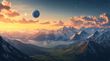 Majestic Mountain Landscape Under a Distant Planet and Sunset