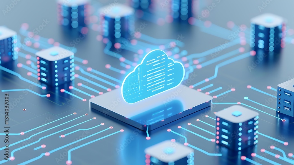 Poster digital cloud technology illustration with data servers and circuit connections for modern computing