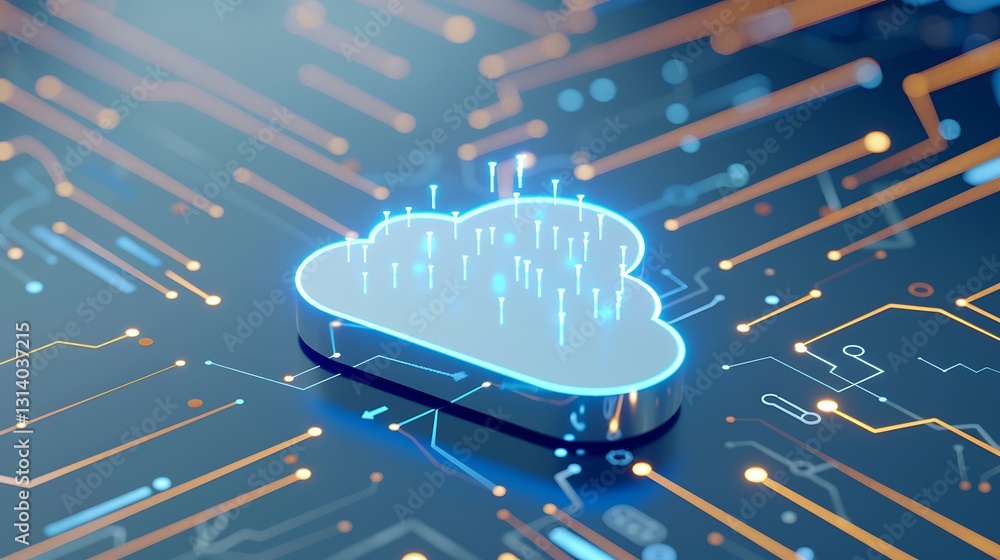 Poster digital cloud technology on circuit board, future data storage concept, innovation in cloud computin