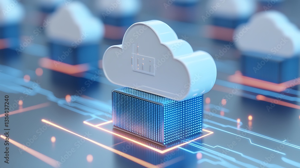 Poster Digital Cloud Technology Representation with 3D Elements and Data Processing Background for Innovation Concepts