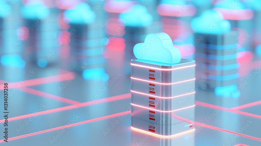 Poster digital cloud technology representation with server racks and neon elements suitable for modern busi