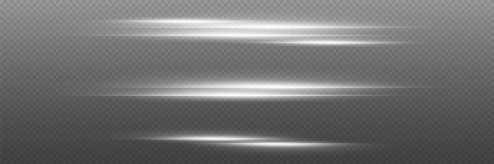 Collection of white horizontal lines of light, laser beam flash. On a transparent background.