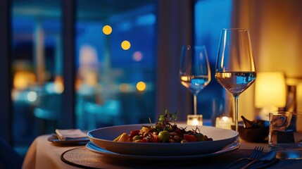 Romantic dinner, restaurant view, candlelight, wine glasses, gourmet salad.