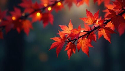 Amber string lights illuminate vibrant red and orange foliage nestled within intricate branches , string lights, warm