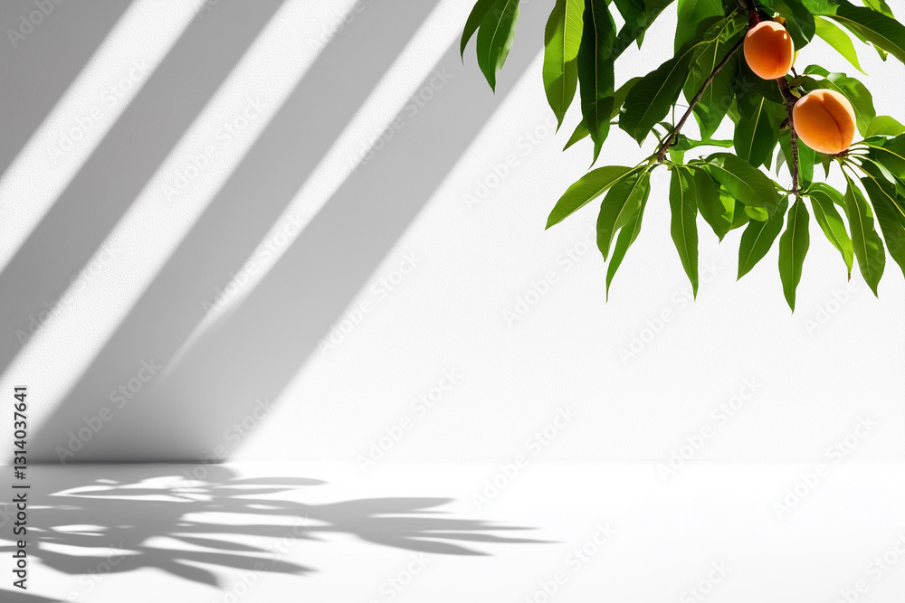 Poster old peach tree branches are adorned with ripe fruits, casting intricate shadows on a serene backgrou