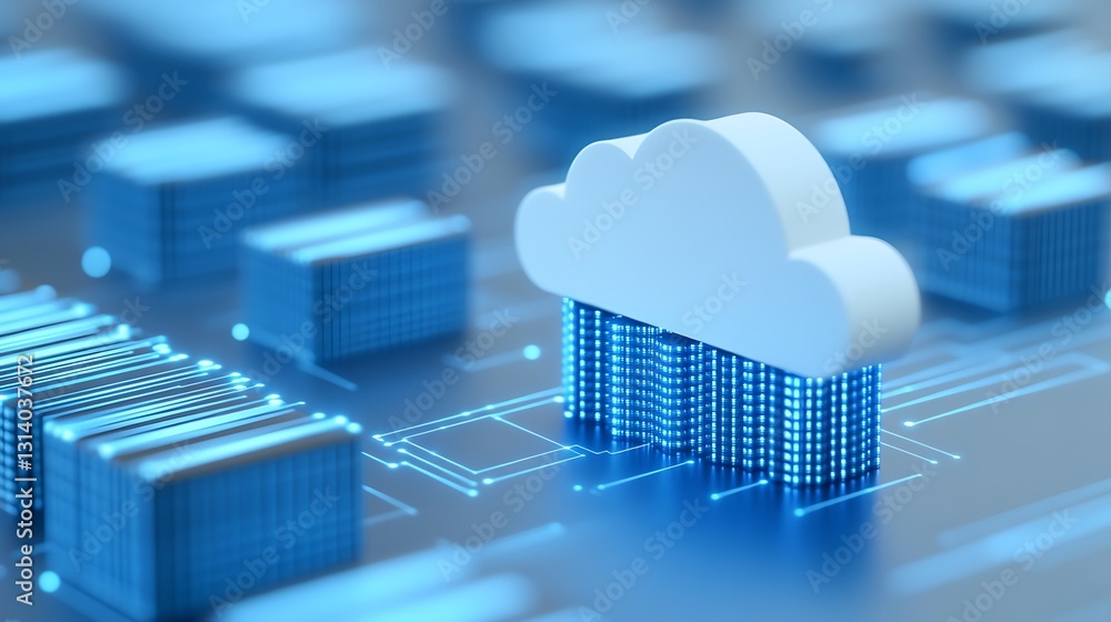 Poster digital cloud technology with data streams representing modern data management and storage solutions