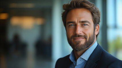 Fototapeta premium Elegant Young Entrepreneur, Poised and Self-Confident in Sophisticated Business Dress, Close-Up Head and Shoulder Portrait