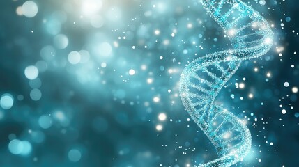 Spiral of Blue green DNA double helix with gold bokeh lights and bubbles on blurred background with copy space