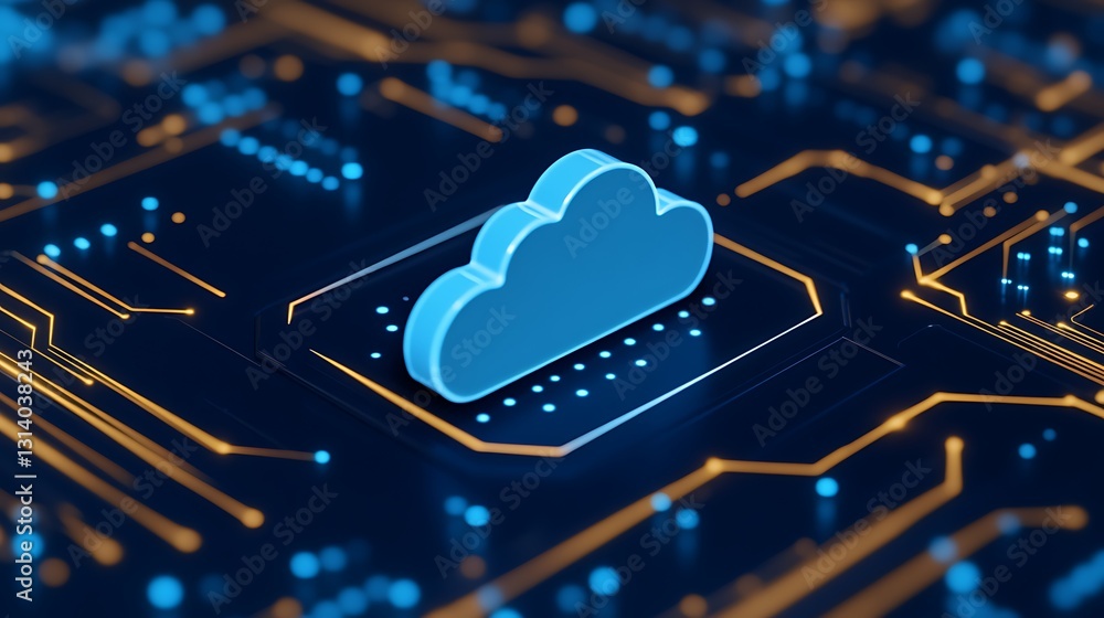 Poster digital illustration of cloud computing concept on circuit board with neon colors and data connectio