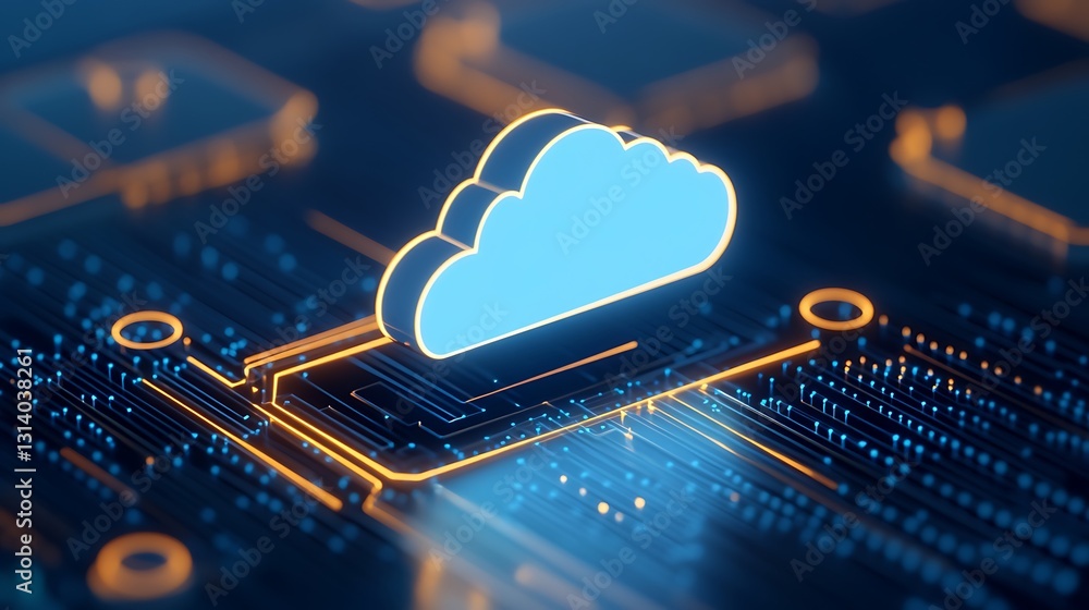 Poster digital illustration of cloud computing concept with neon circuit board elements in blue and orange 