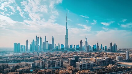 Panoramic view of Dubai skyline with skyscrapers under a vibrant blue sky.