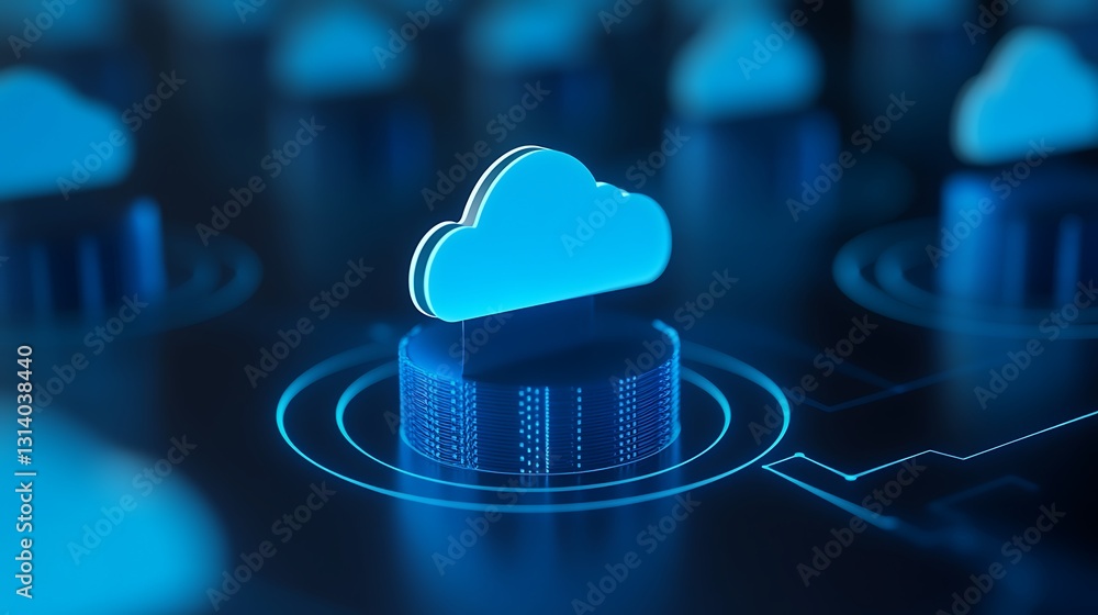 Poster digital representation of cloud technology with neon blue elements and connecting data circuits