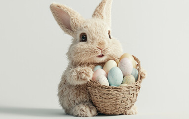 Cream Plush Bunny with Pastel Easter Eggs in Woven Basket