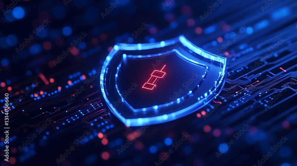 Poster digital shield with glowing lines and circuit patterns representing cybersecurity and data protectio
