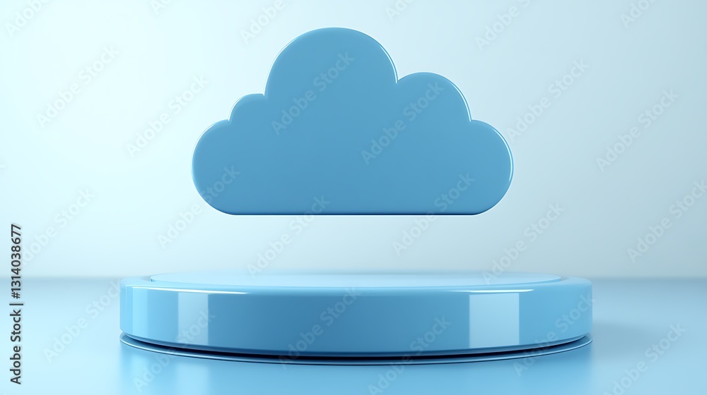 Poster floating blue cloud icon on a minimalistic platform for digital and technological concepts