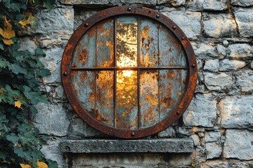 Obraz premium Light through rustic circular window, stone building with leaves, exterior