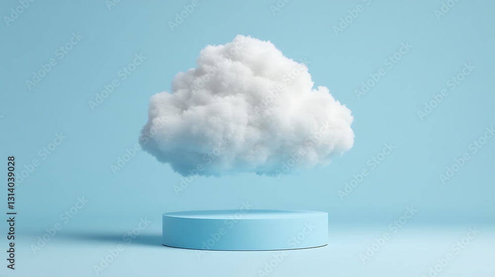 Poster floating white cloud over a light blue platform in a minimalistic soft color background